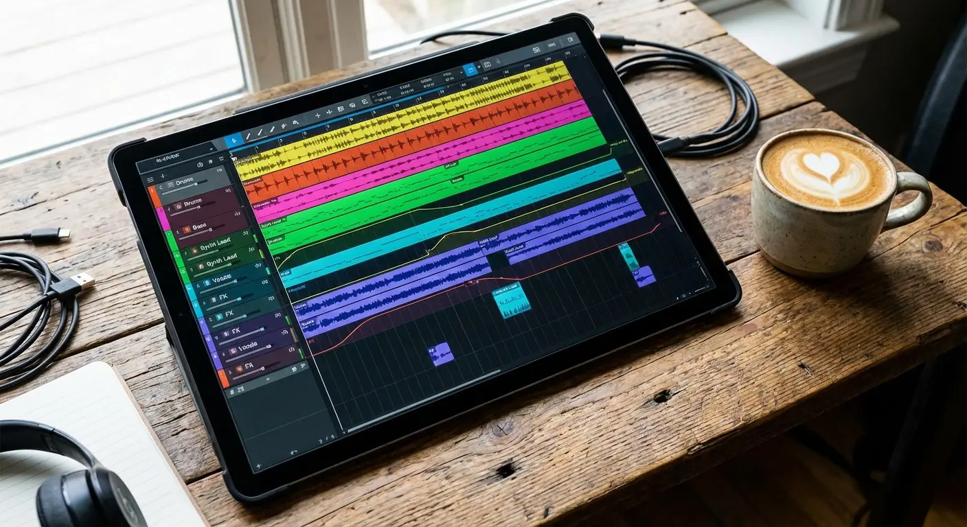 Interface of a full-featured Digital Audio Workstation (DAW) on a tablet