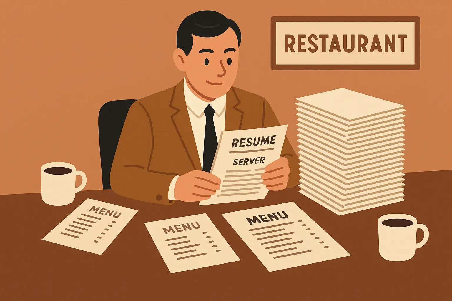 Stack of server resumes on restaurant manager's desk