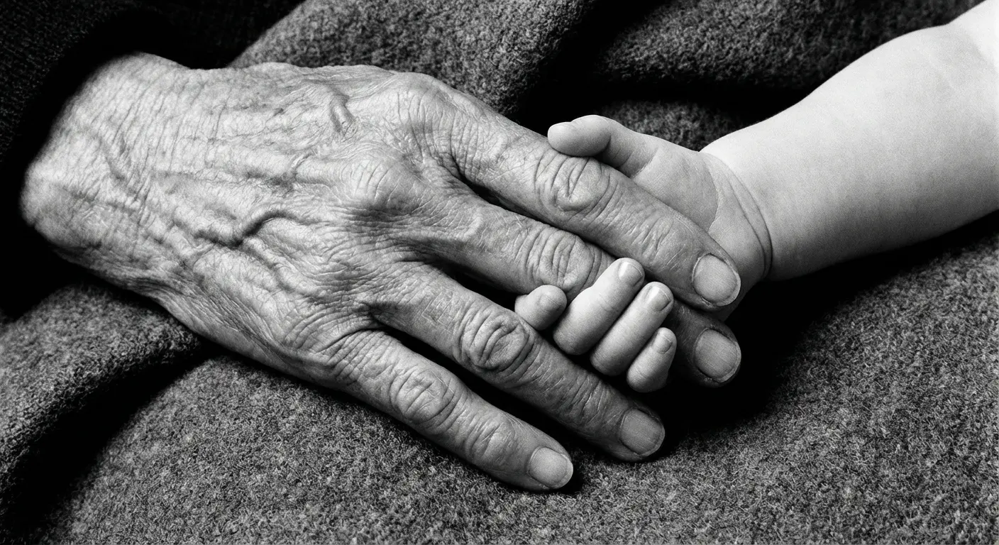 Close up of an elderly woman's hands holding a younger person's hands