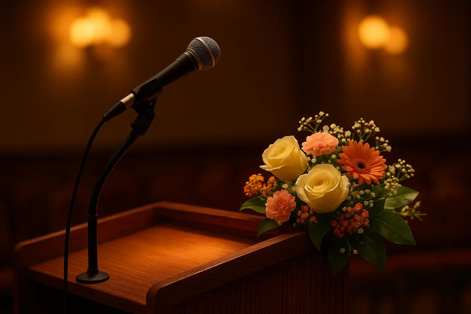 Person speaking at podium with audience listening