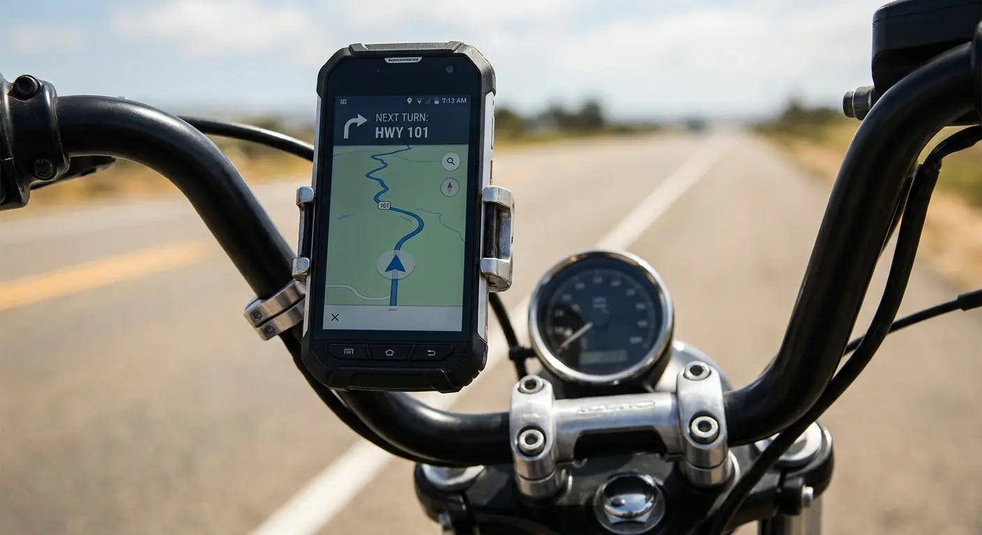 Motorcycle phone mount on bobber handlebars