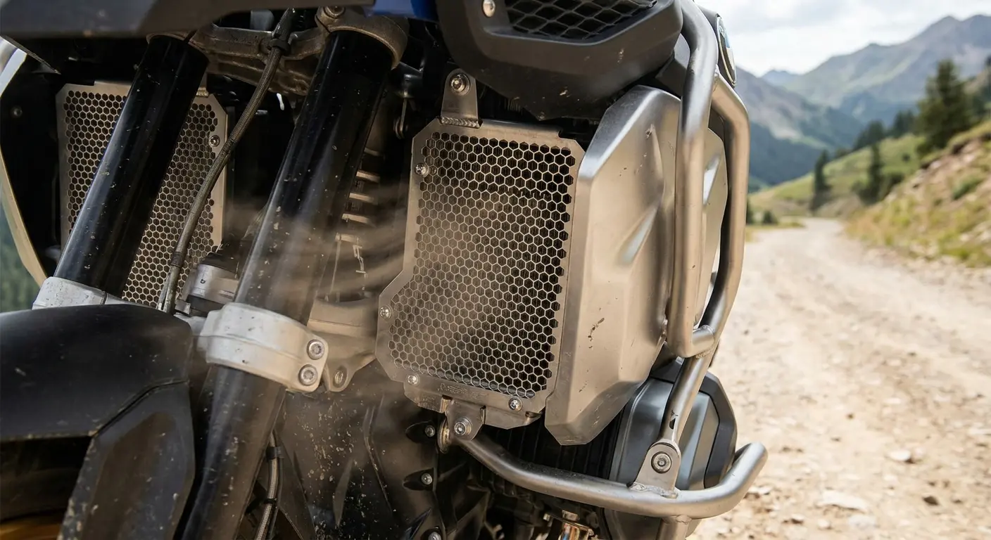 Radiator guard mesh protection installed on motorcycle
