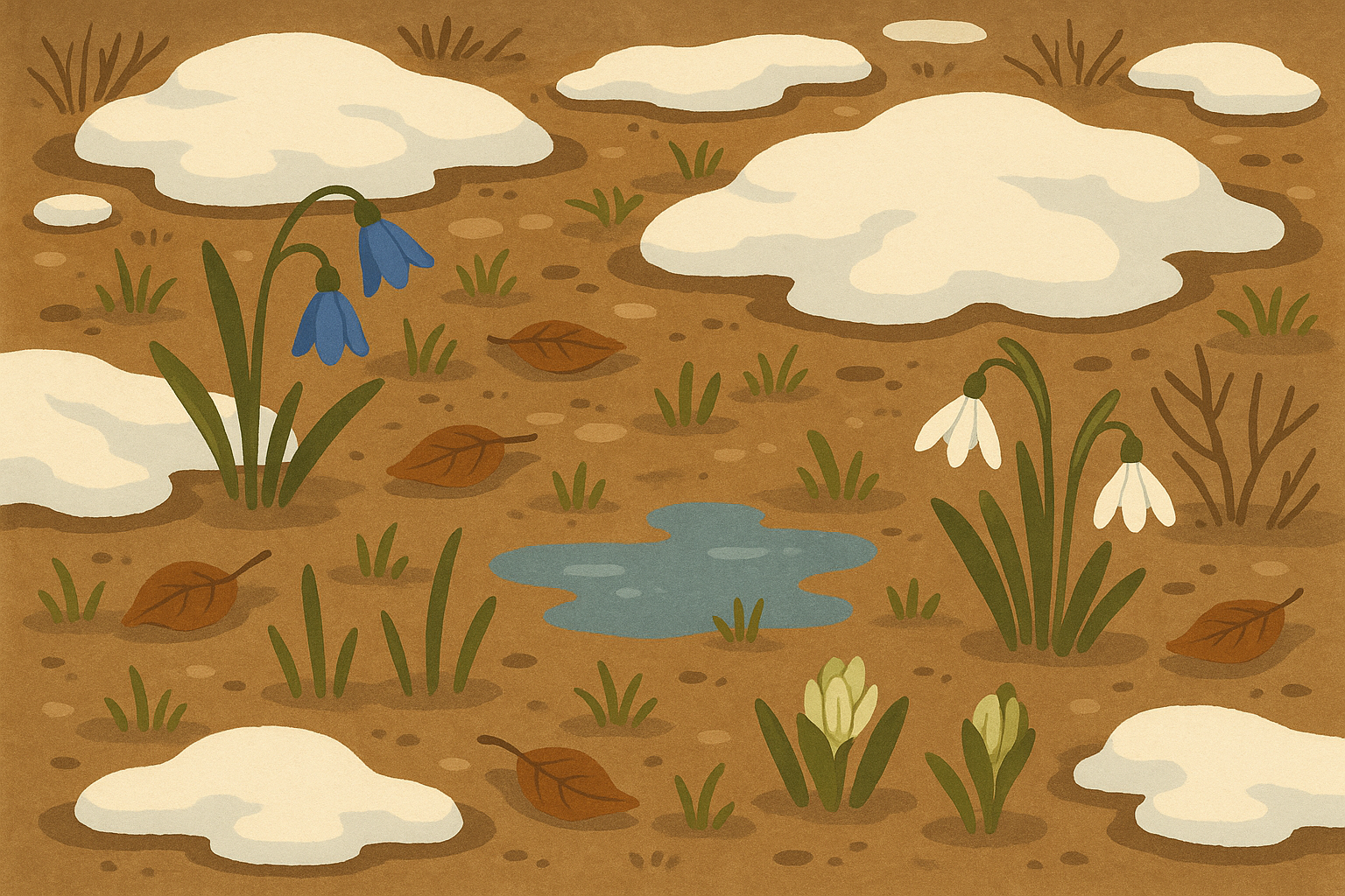 Late winter snow thaw revealing spring growth