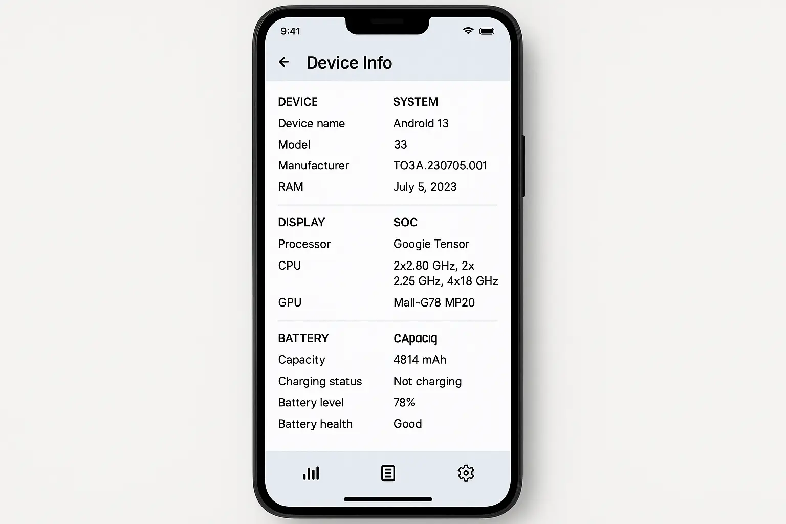 Device information app showing hardware specifications