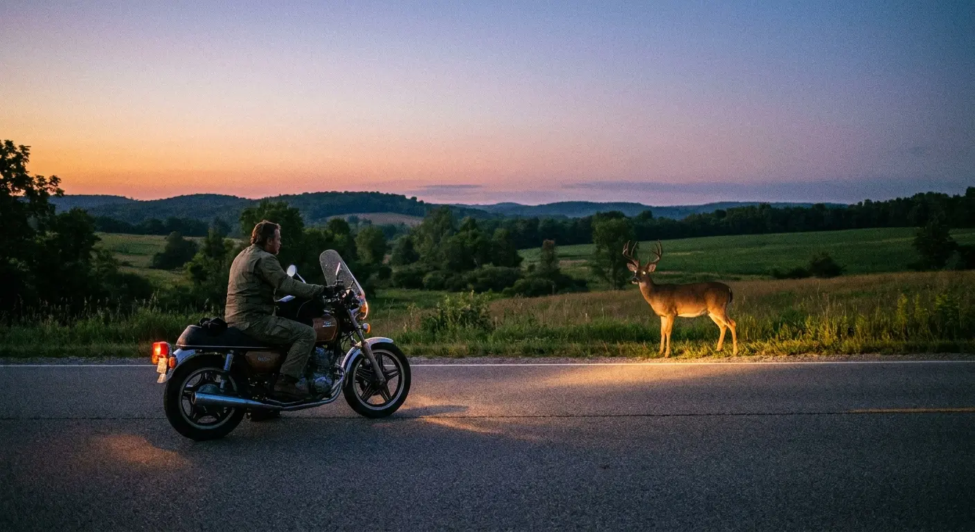 Motorcycle on rural road with wildlife