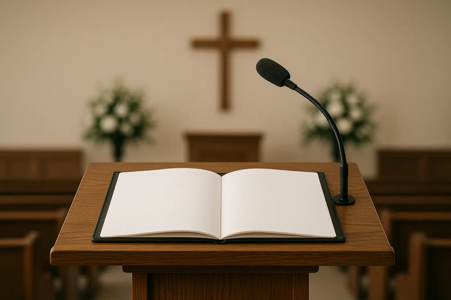 Person speaking at podium with family photos displayed