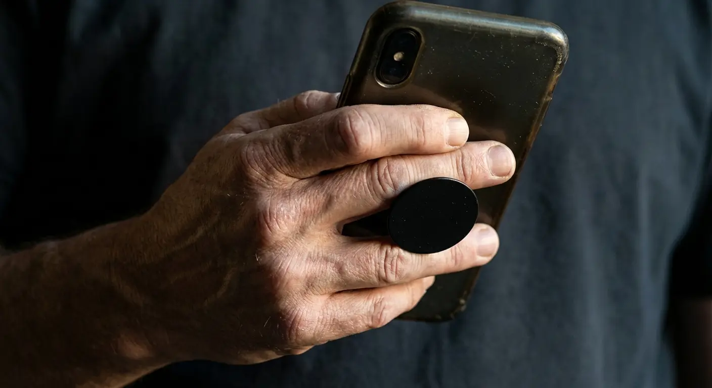 Hand holding phone with pop socket grip