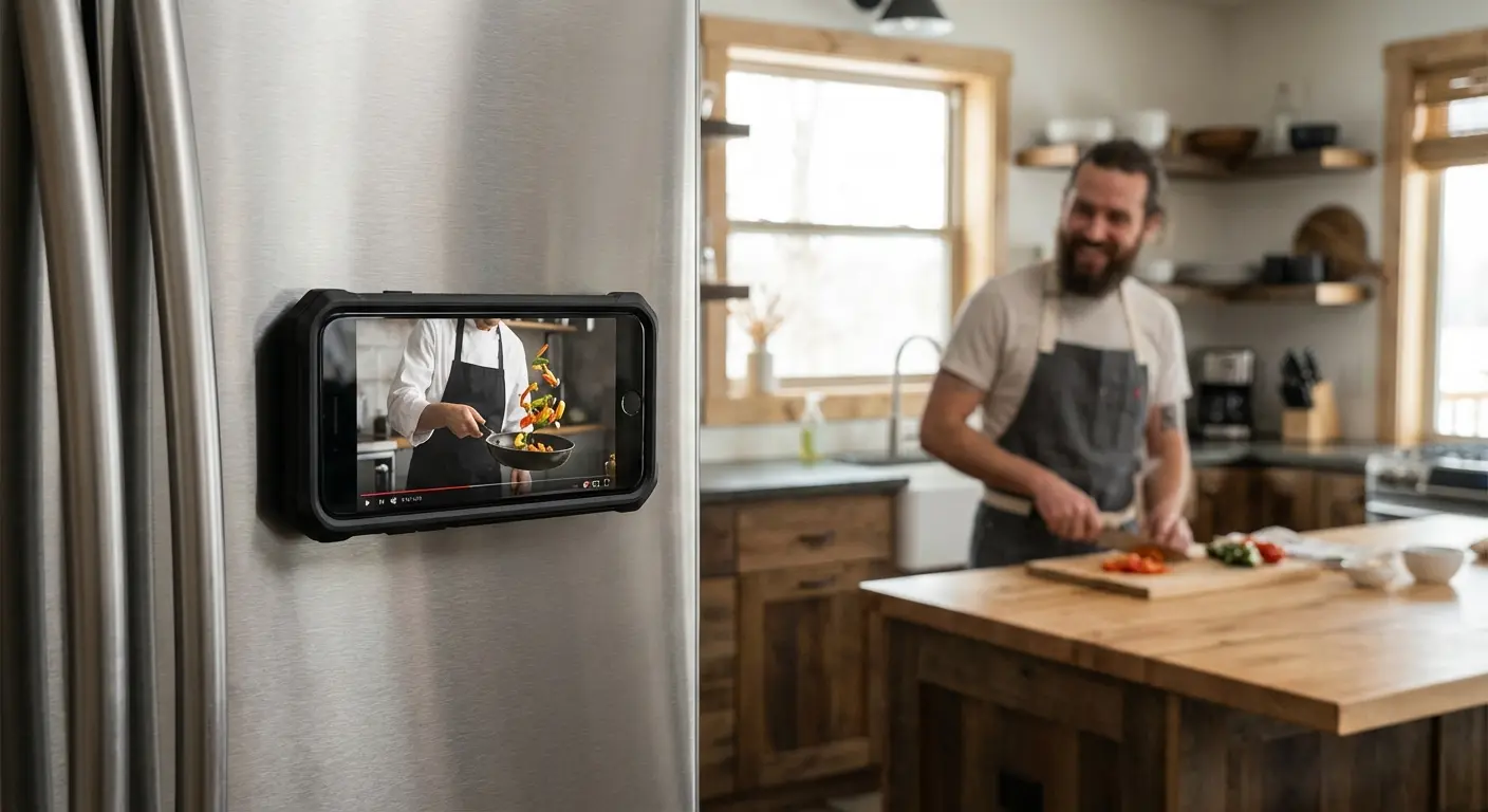 Rokform case mounted on a metal surface for hands-free viewing