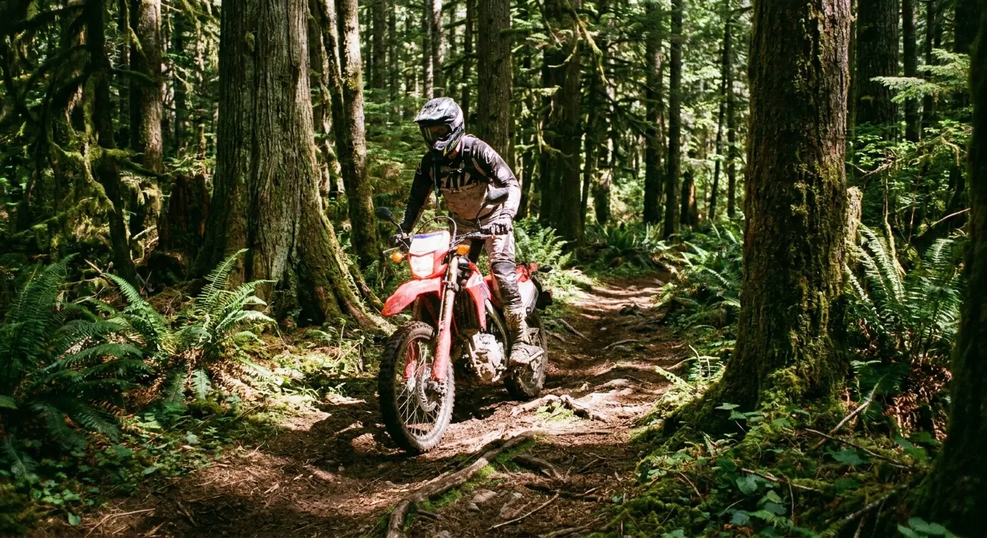 Lightweight dual sport motorcycle on trail