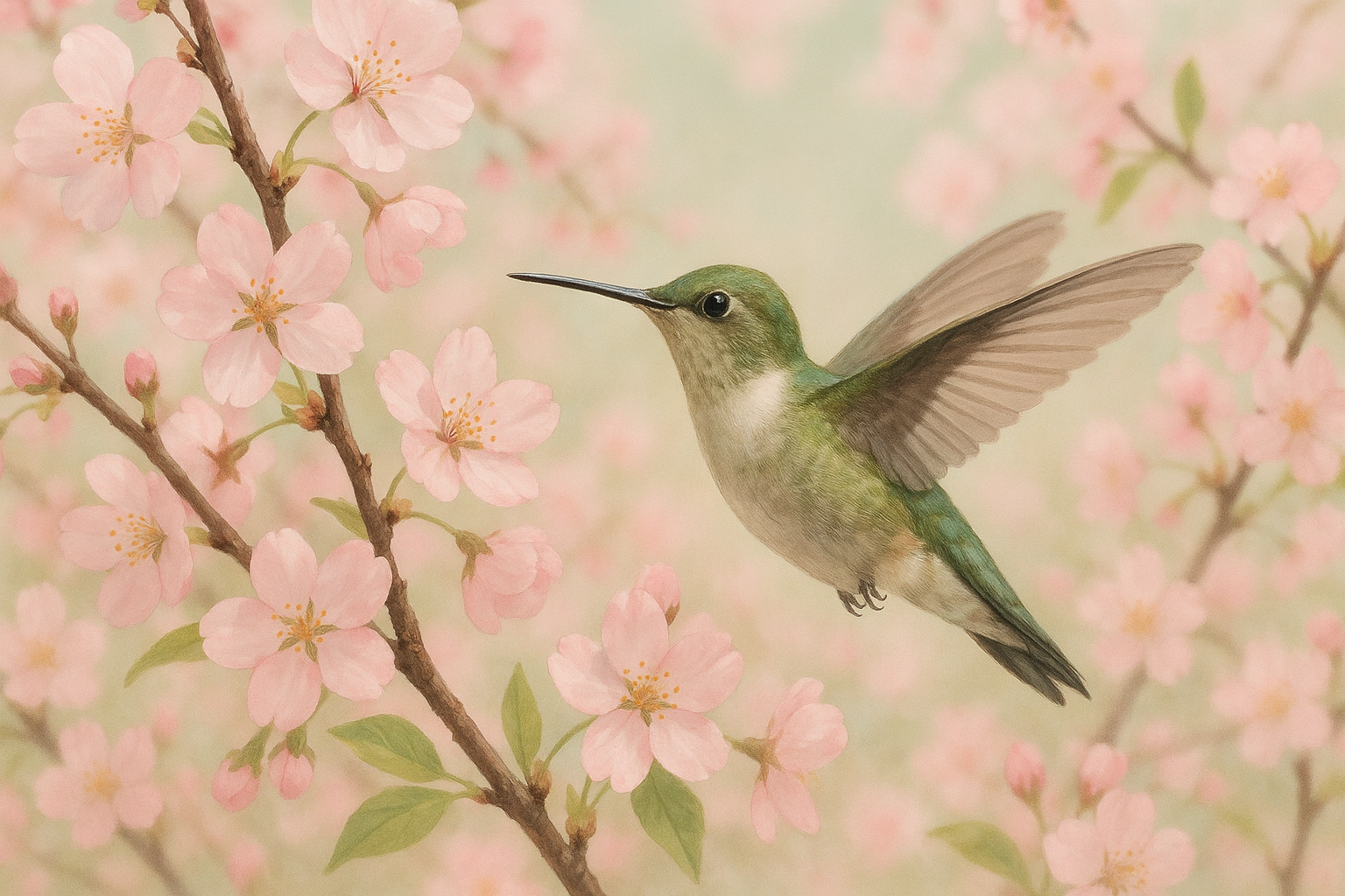Hummingbird among delicate pink cherry blossoms
