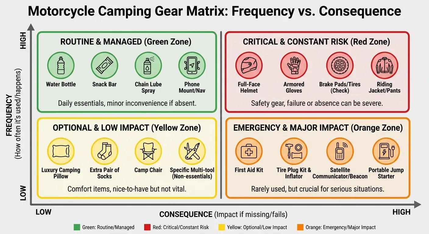 Motorcycle camping gear laid out systematically