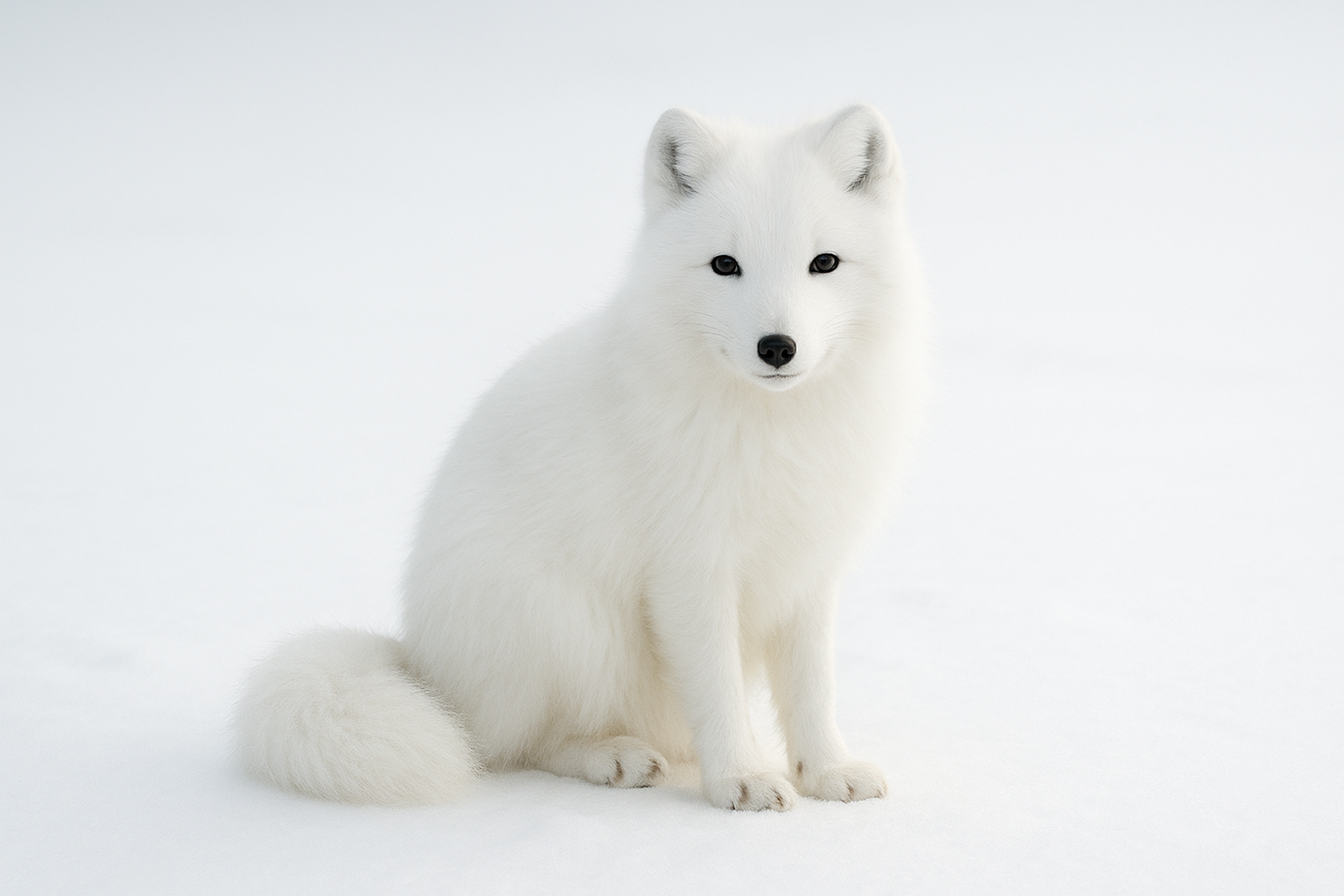 Arctic fox with white fur against snowy background