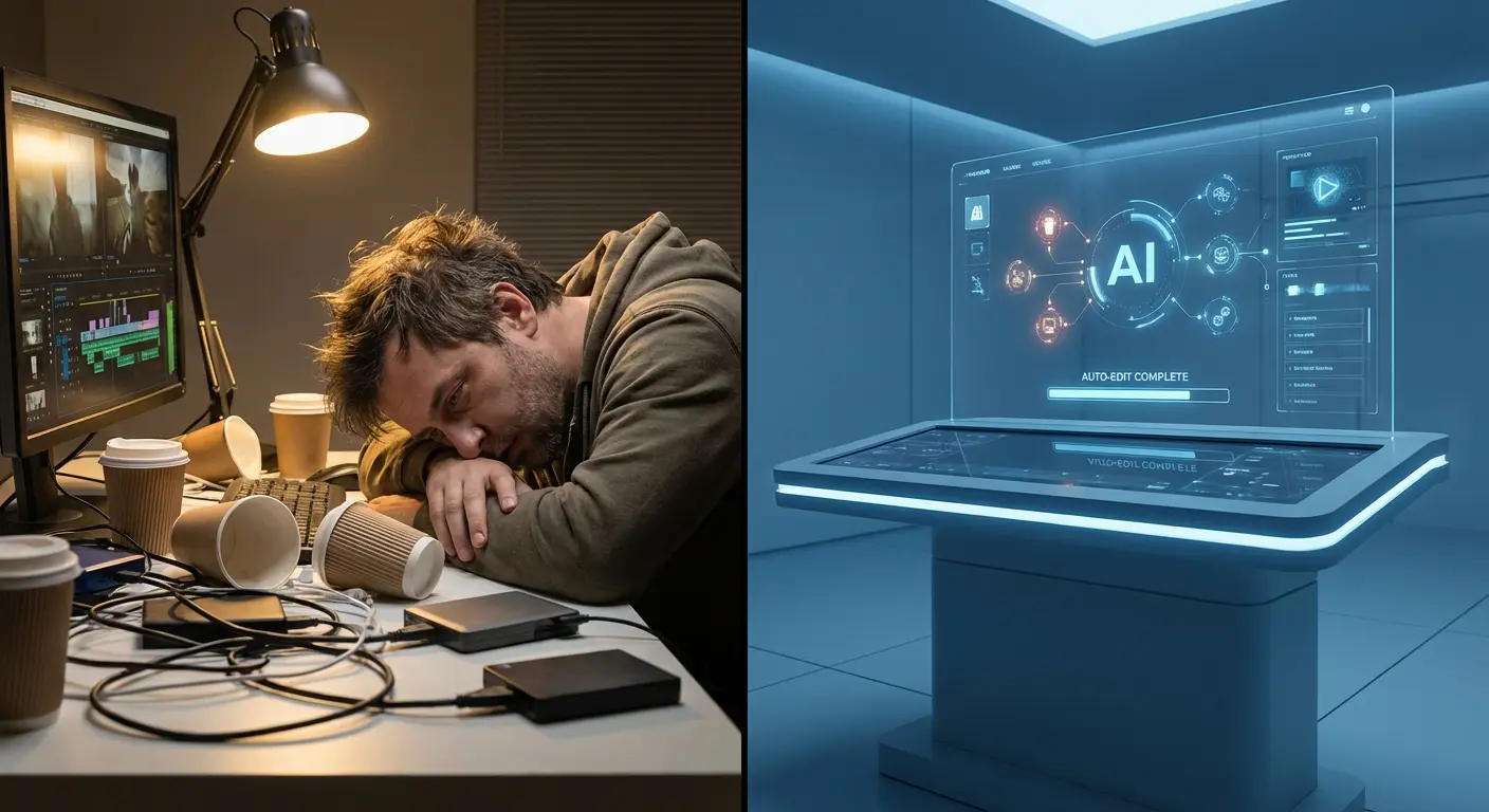 Editor working on video content late at night