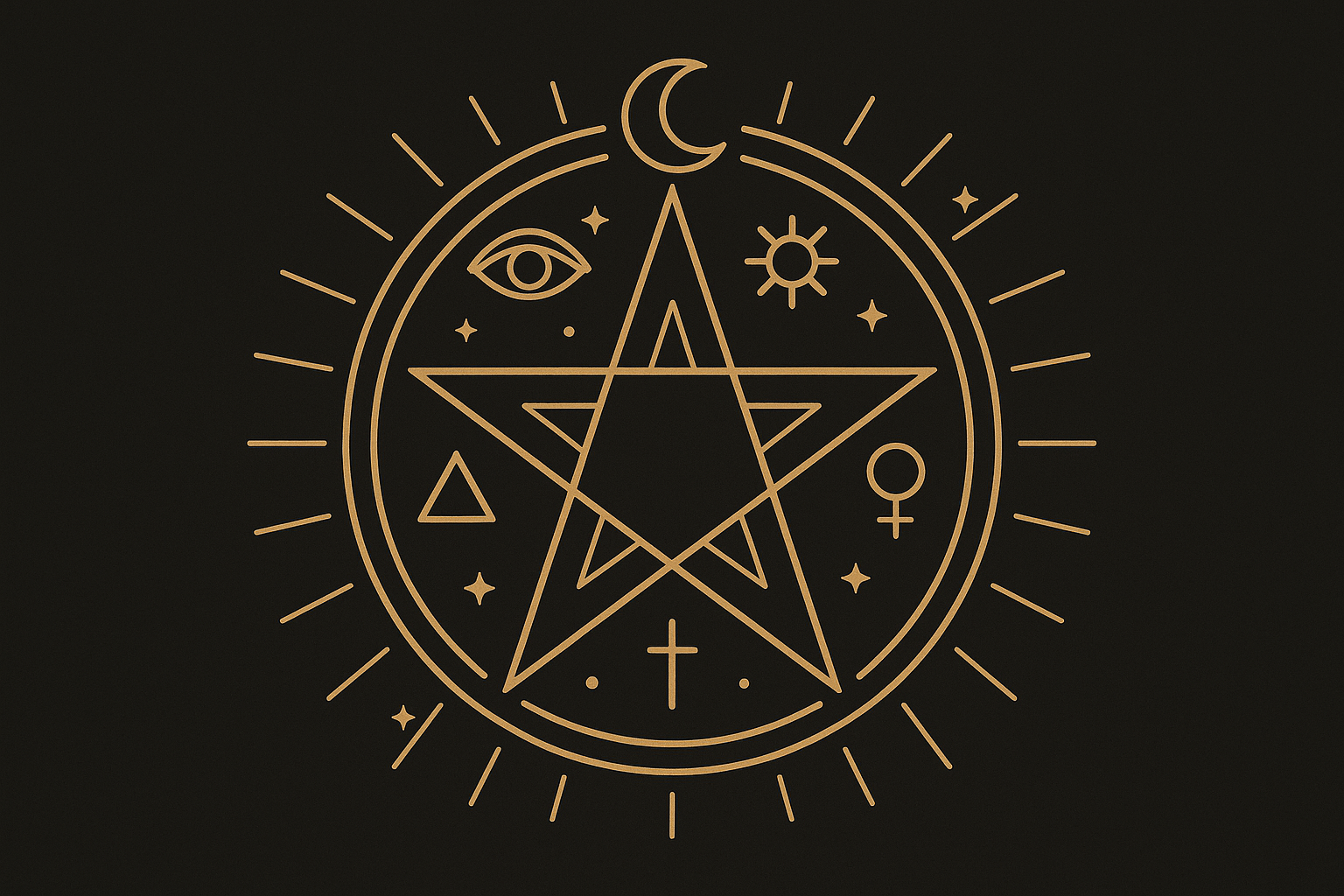 Sacred geometry pentagram with mystical symbols and patterns