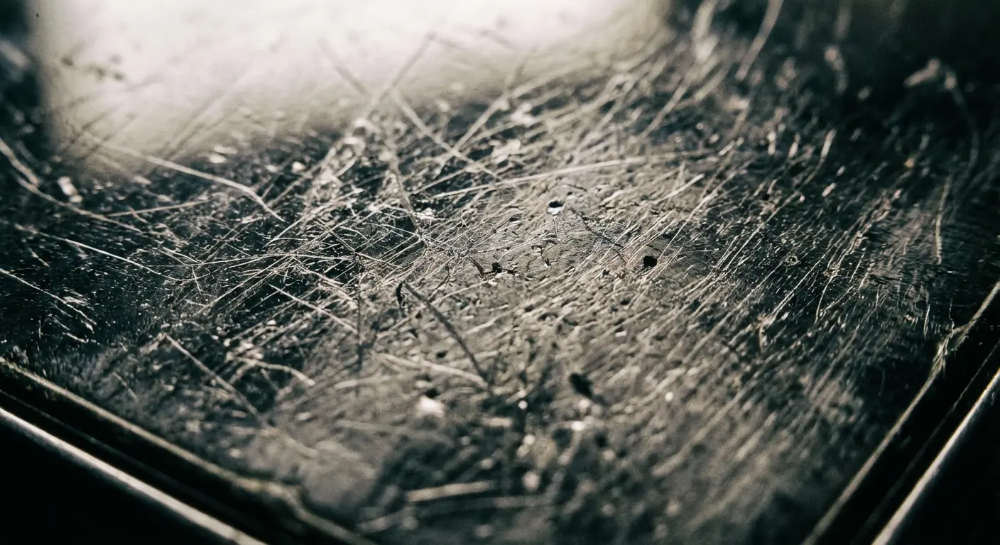 Microscopic view of phone screen scratches