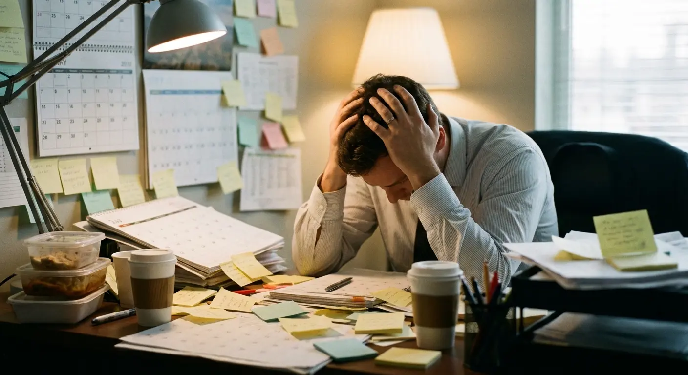 Business professional frustrated with manual scheduling on laptop