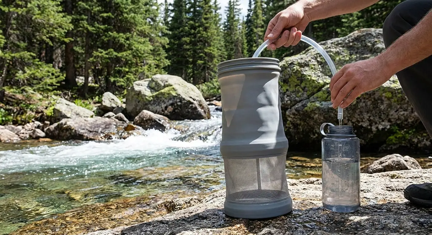 Water filtration system in backcountry stream