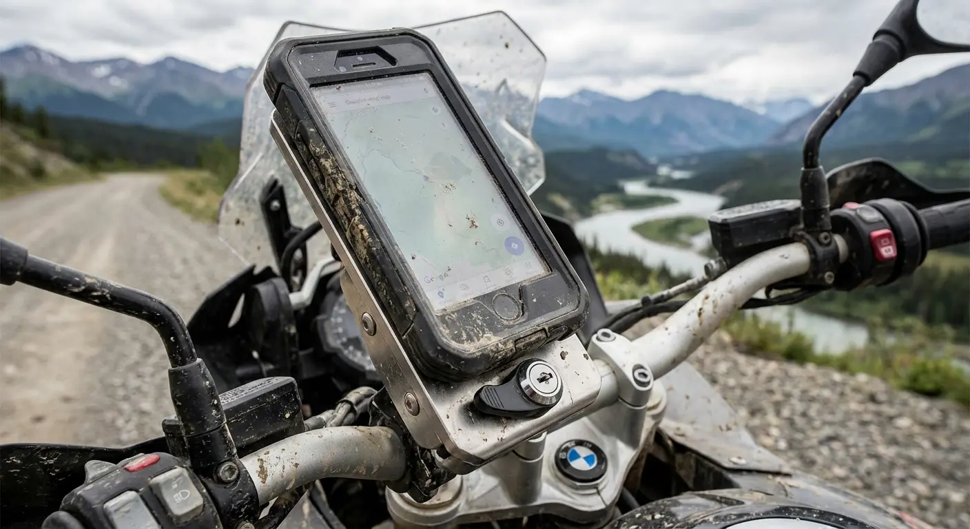 Rokform protective phone case on motorcycle