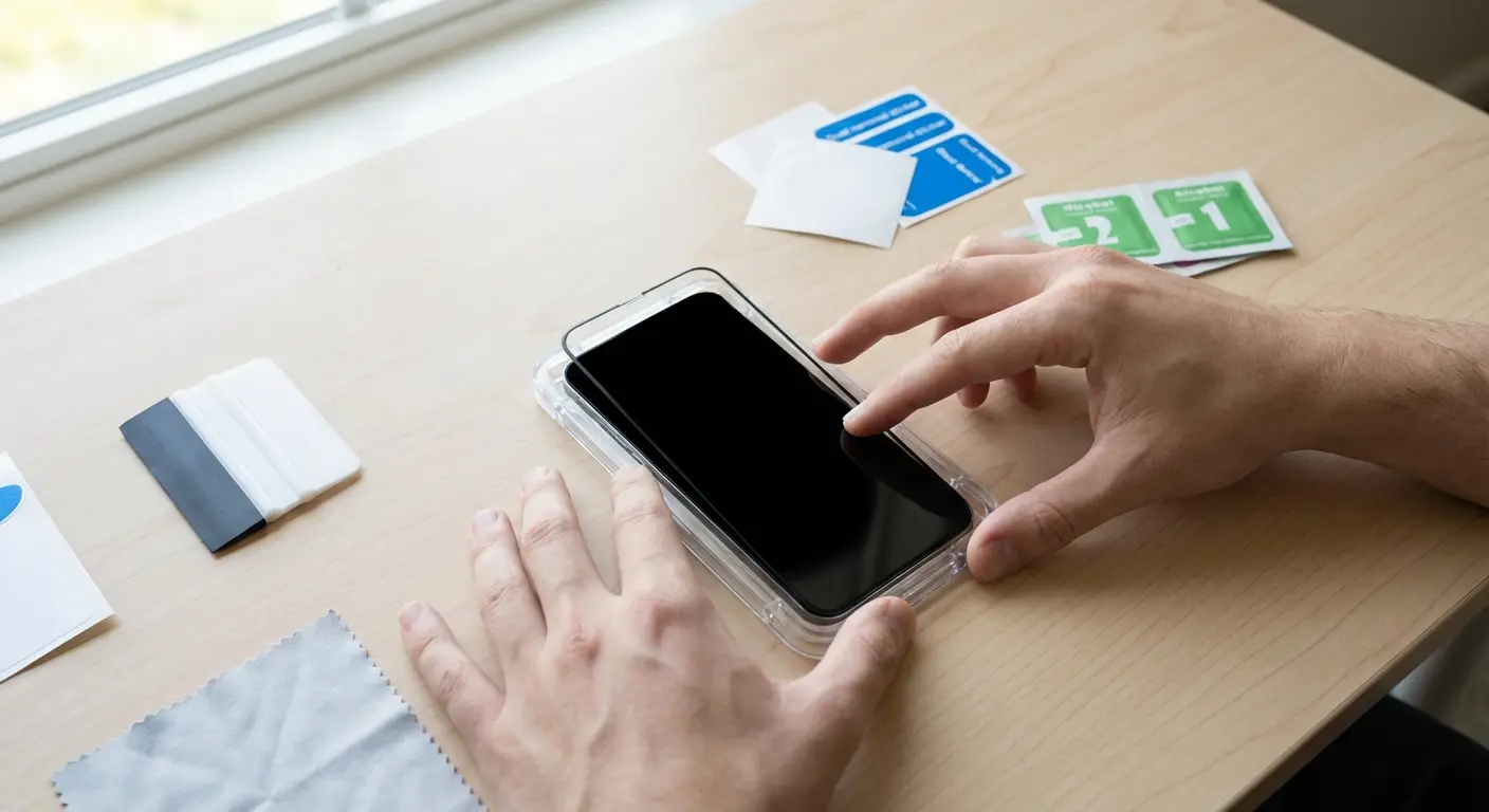 Screen protector alignment tool showing installation frame system