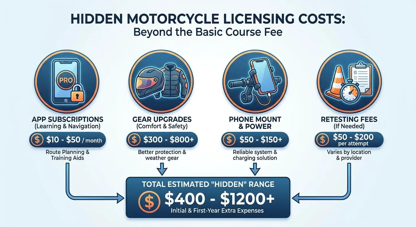 Calculator and motorcycle gear showing licensing costs
