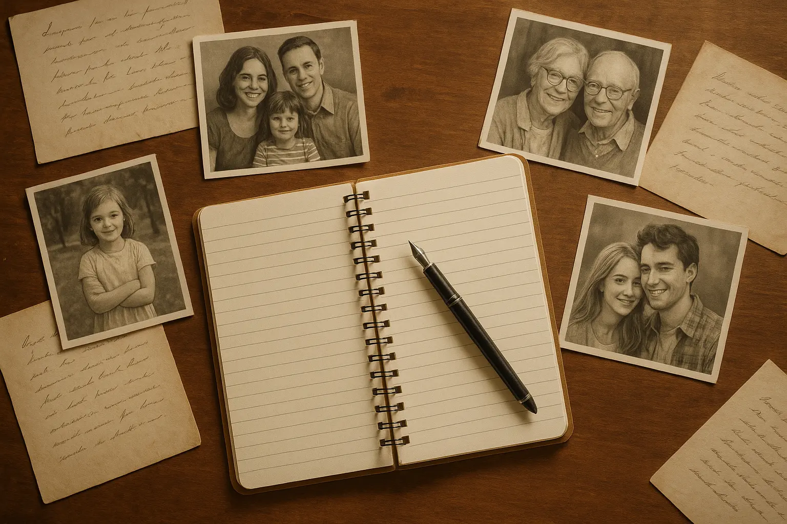 Person writing at desk with family photos nearby