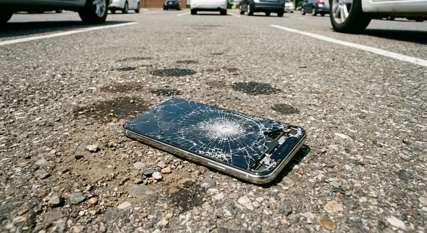 Cracked smartphone screen on pavement