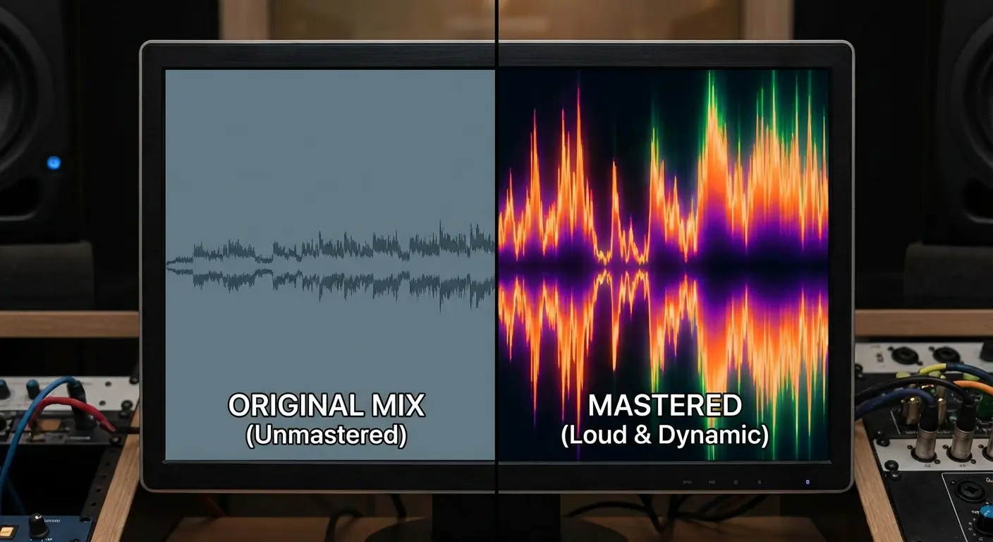 AI mastering software interface showing EQ and compression