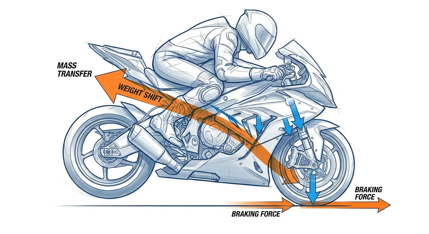 Motorcycle demonstrating weight transfer during hard braking