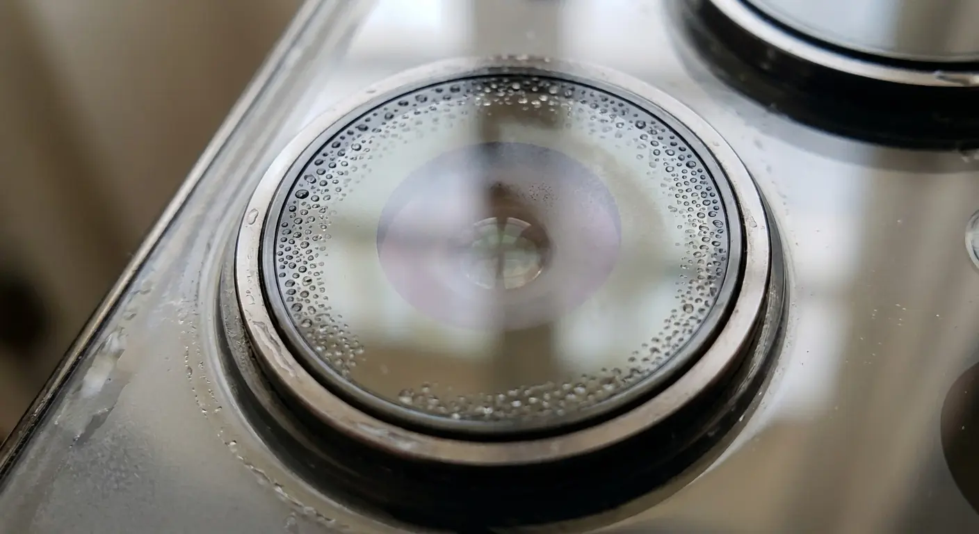 Water droplets on phone camera lens