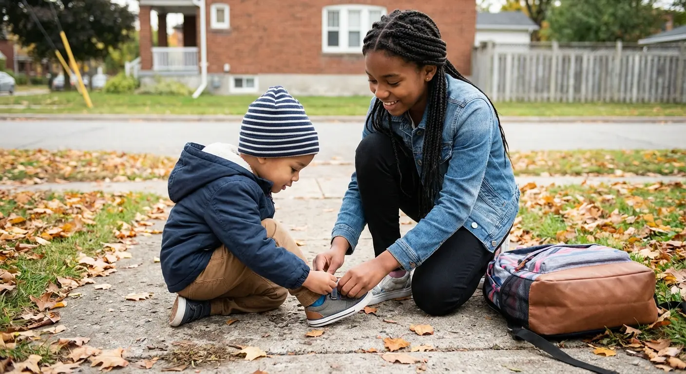 Older sister guiding younger sibling