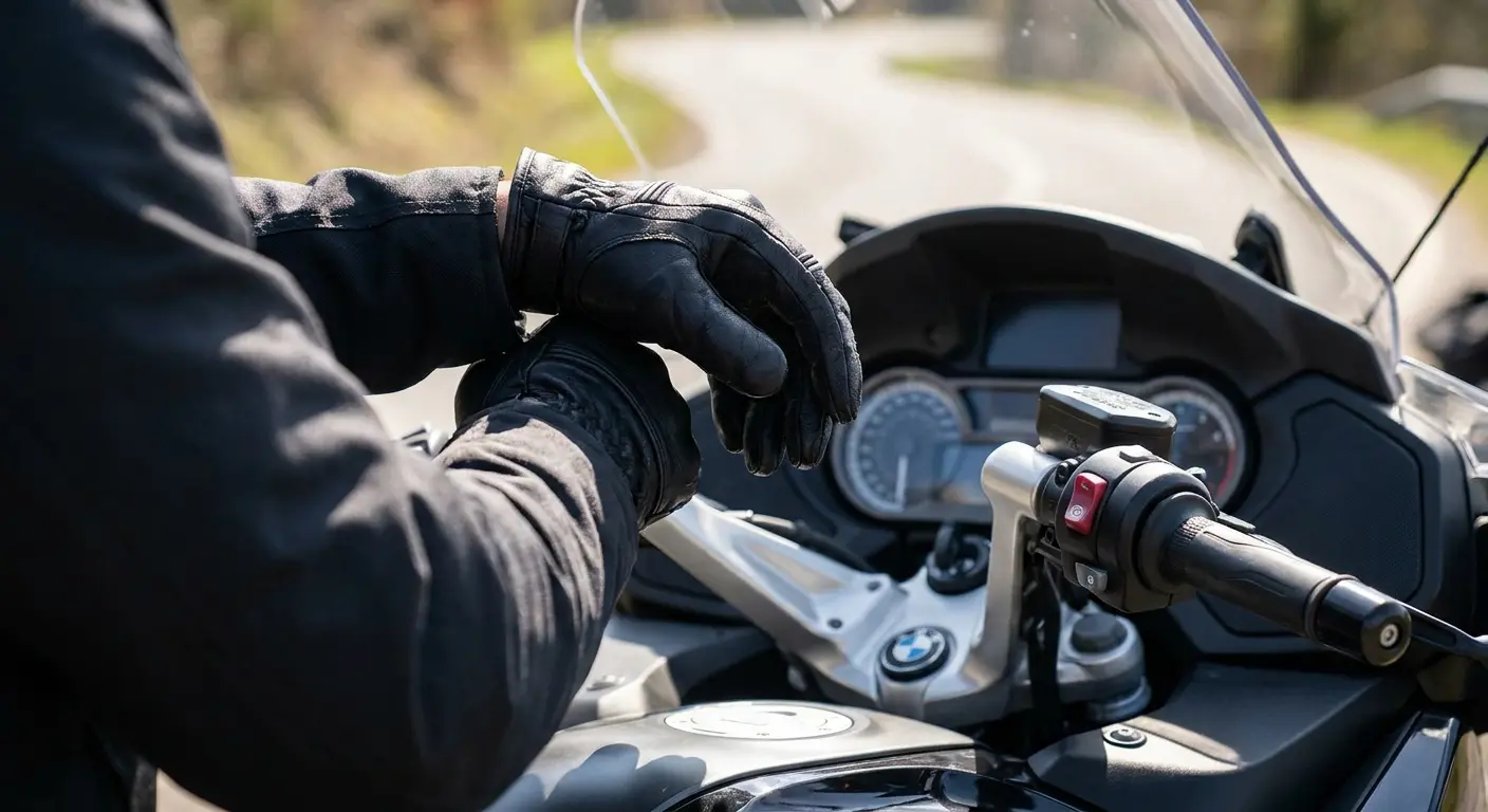 Rider adjusting gloves during fuel stop