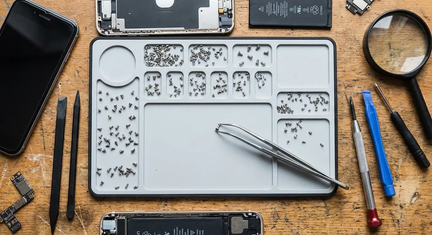 Phone repair screws organized on diagram