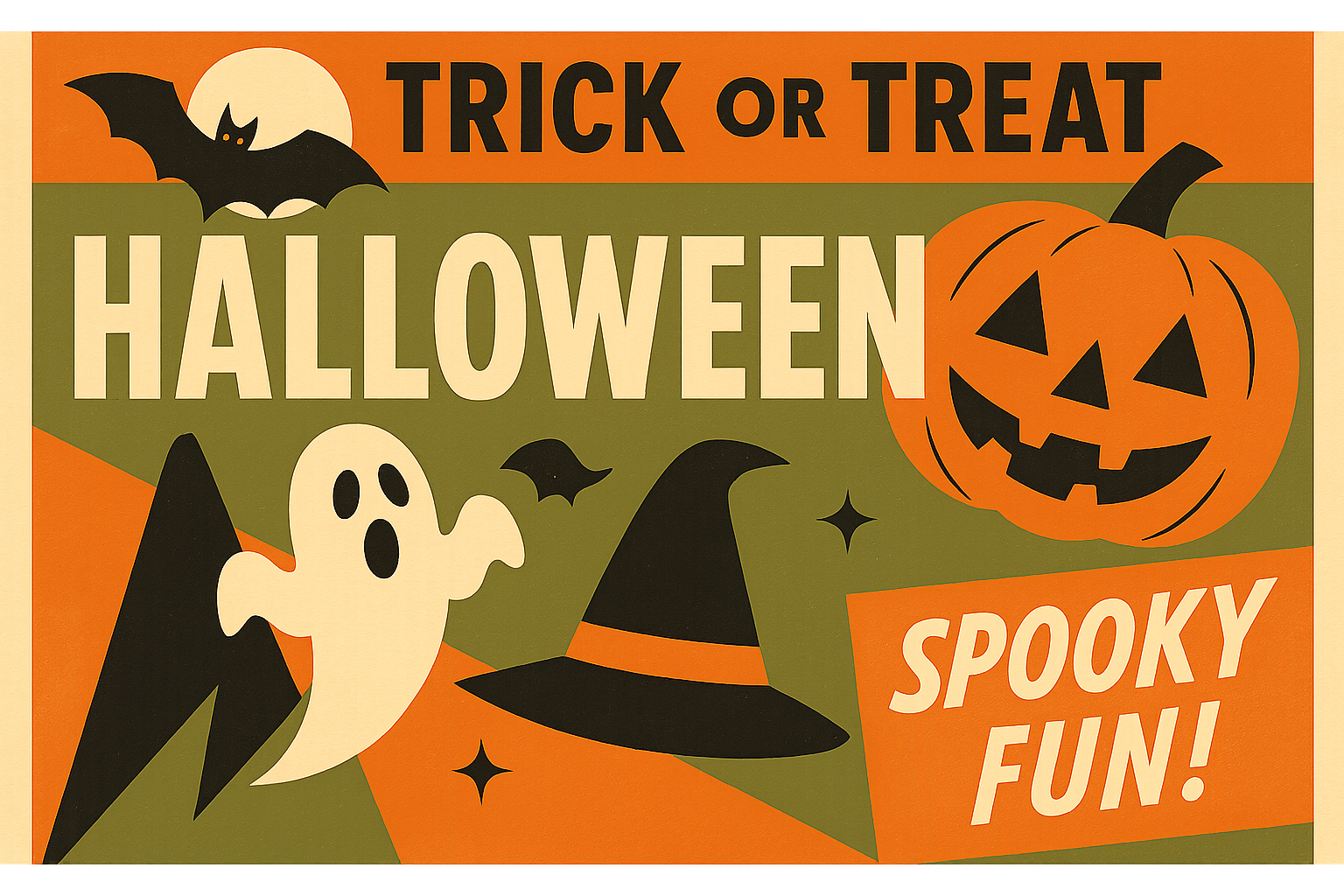 1950s Halloween advertisement art with bold geometric shapes and vintage typography