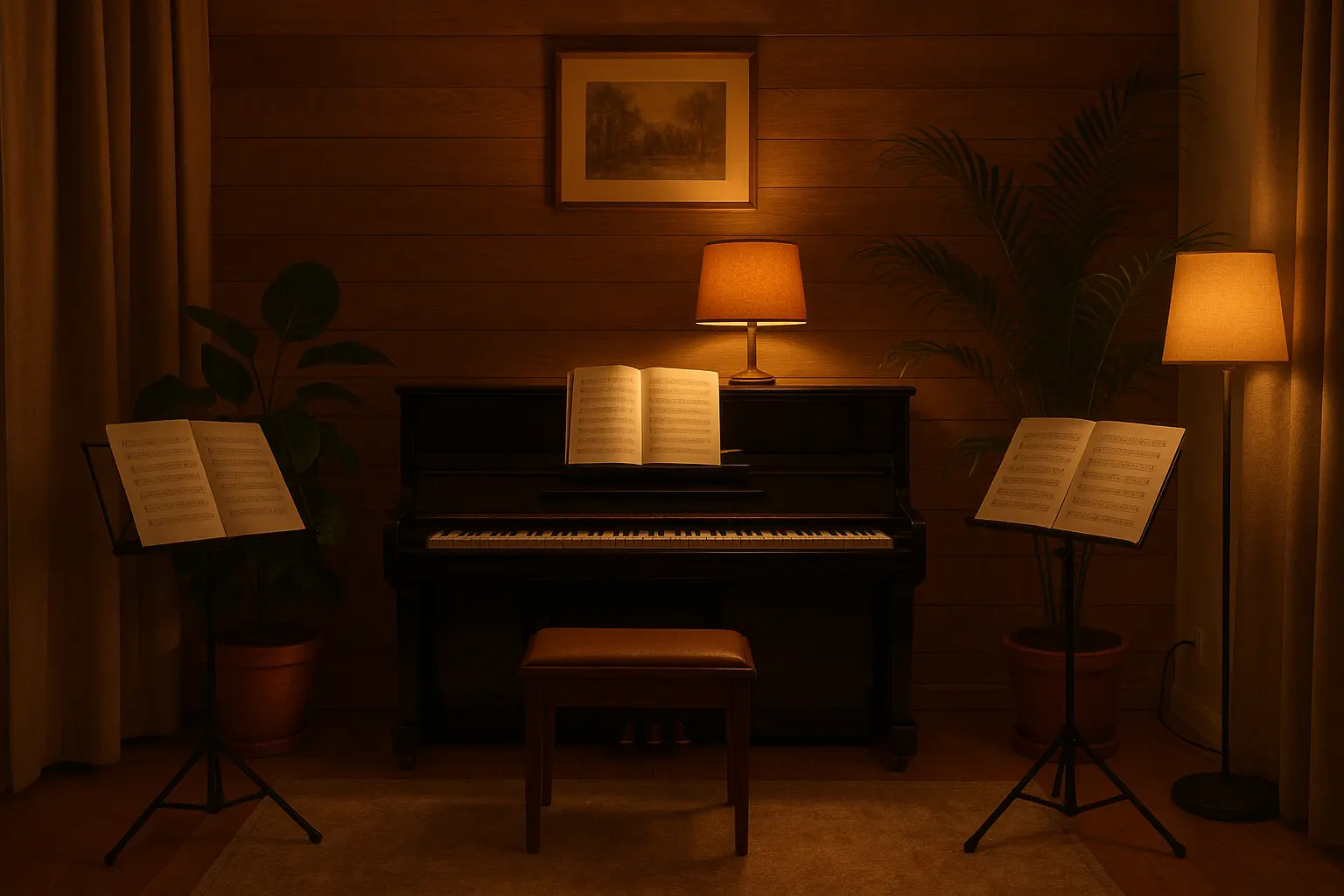 Woman playing piano with family gathered around
