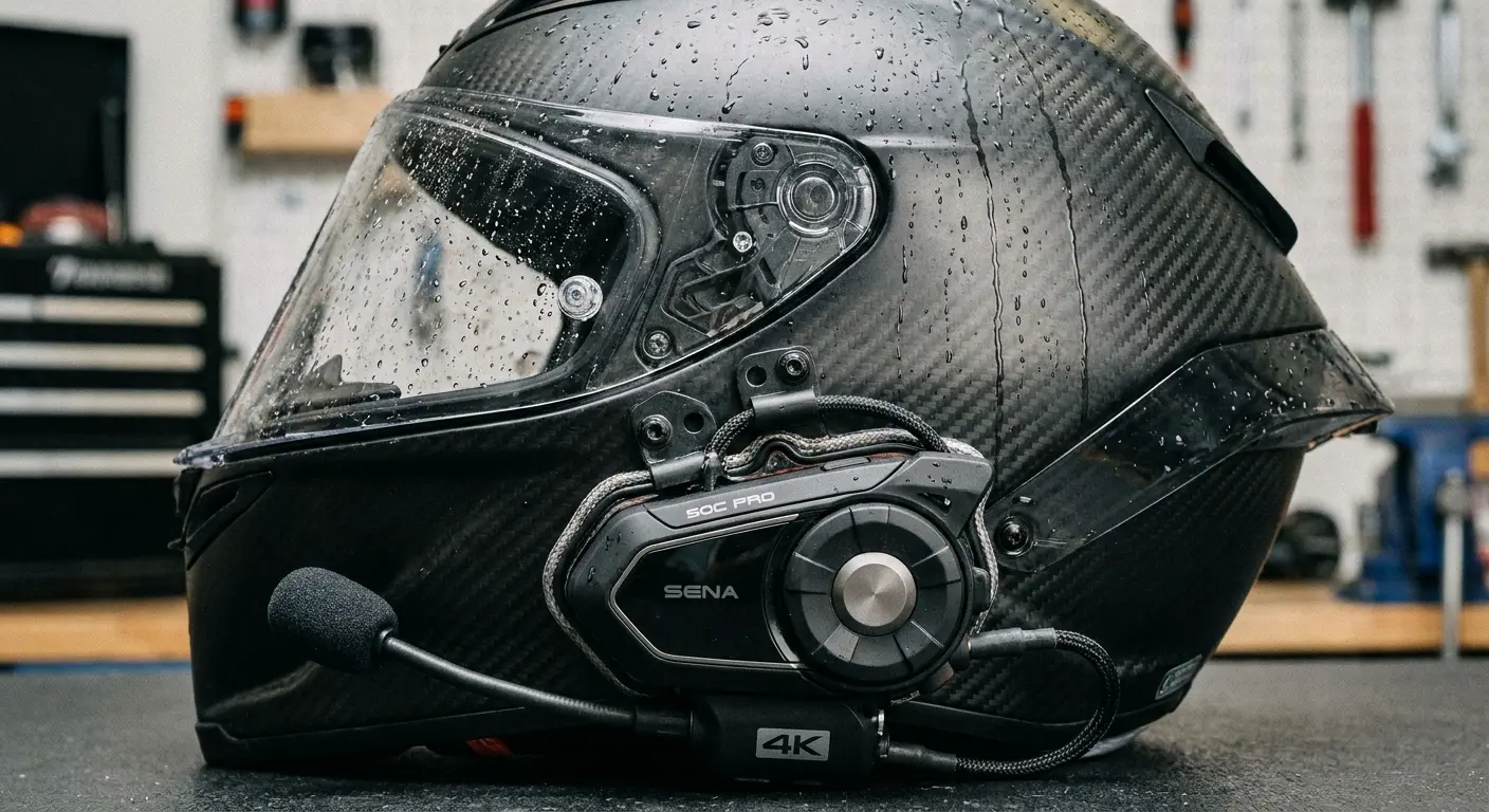 Sena camera system on motorcycle helmet