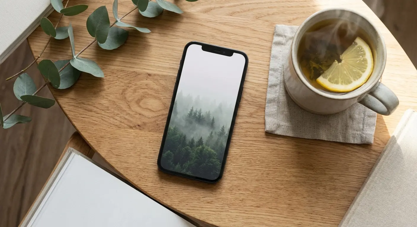 Woman holding a phone with a calming zen wallpaper