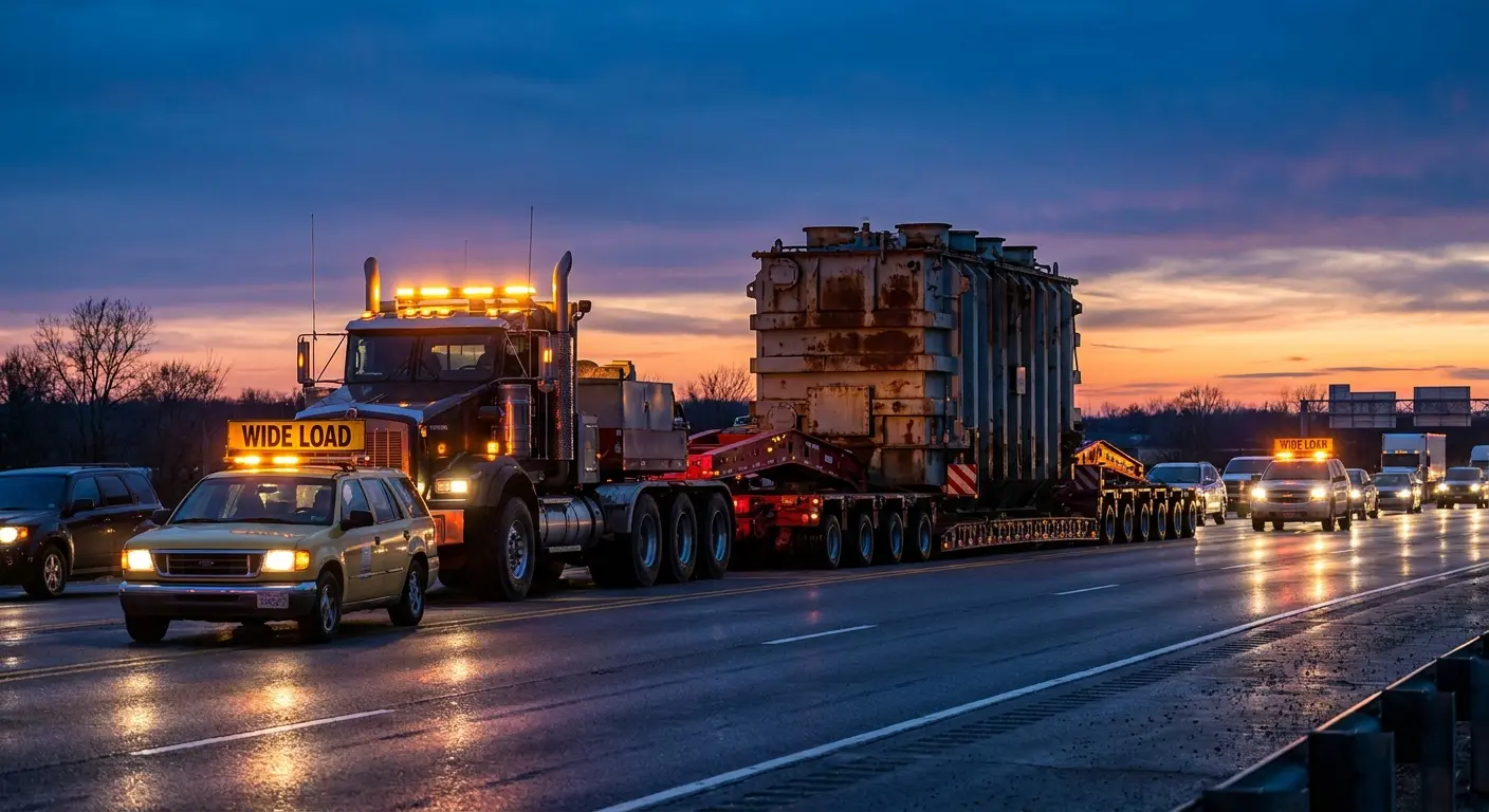 Heavy haul transporter carrying oversized industrial equipment with escort vehicles