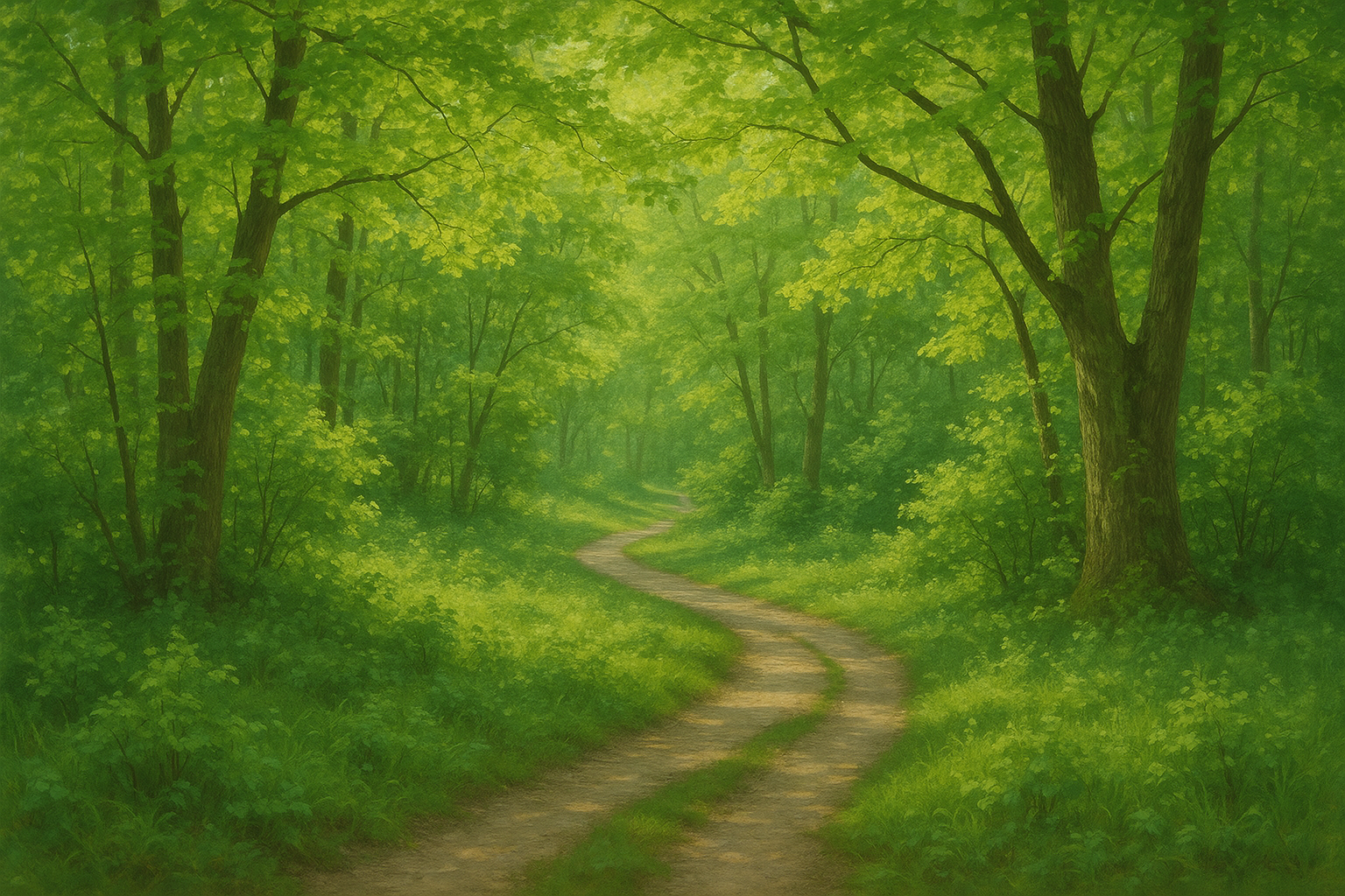 Forest path with dappled sunlight through spring leaves