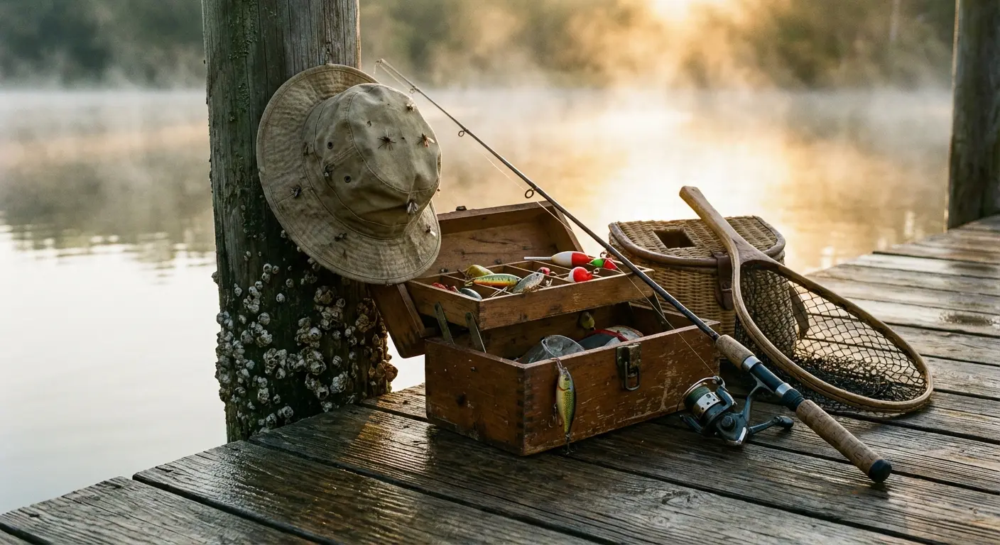 Fishing gear by a quiet lake representing a hobbyist uncle
