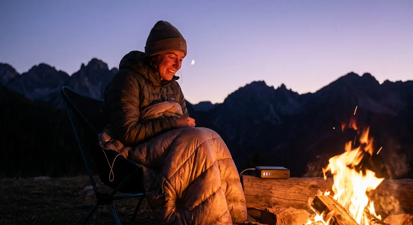 Battery powered heated blanket at campsite