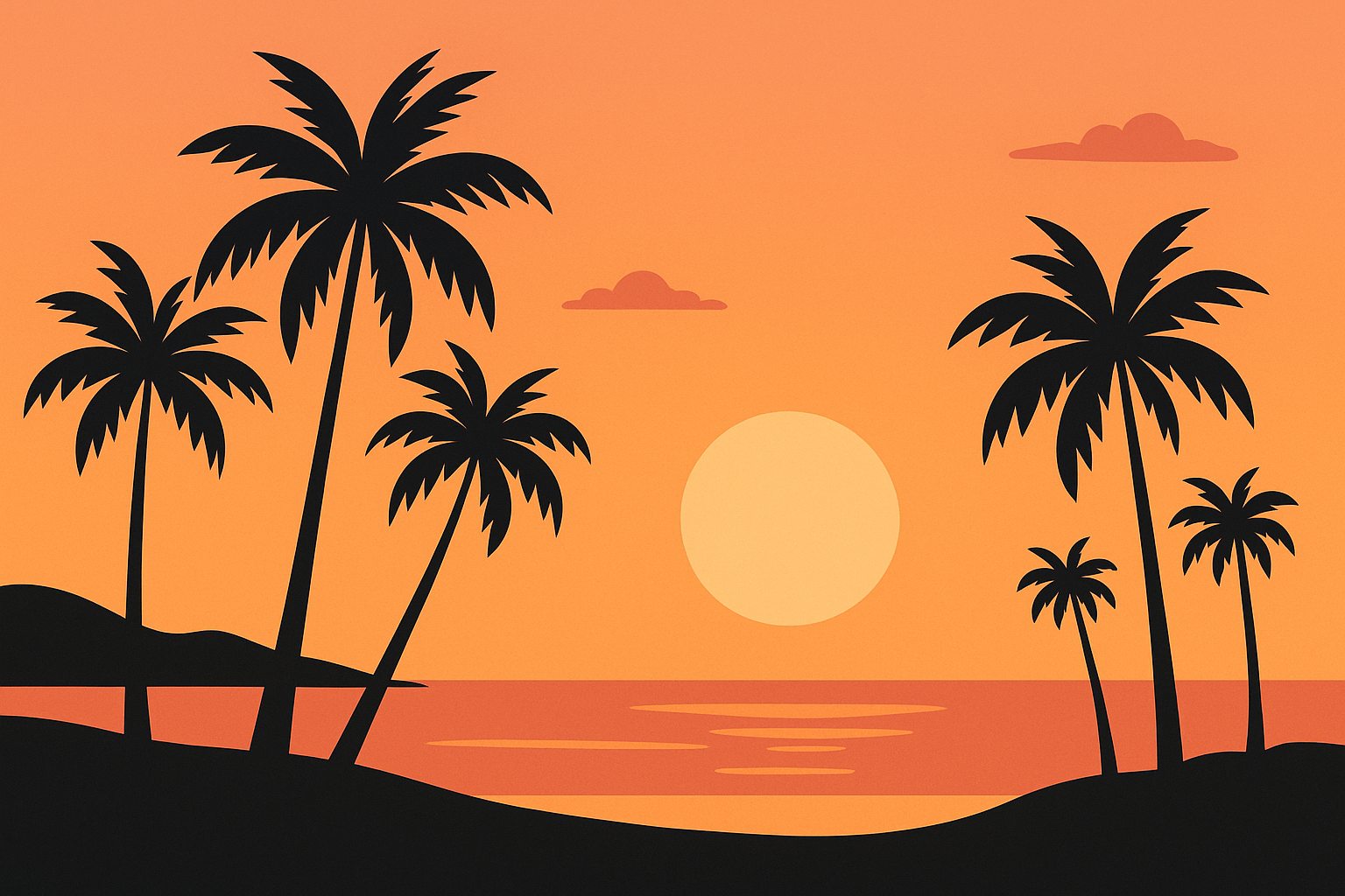 Beach sunset silhouette with palm trees against orange sky