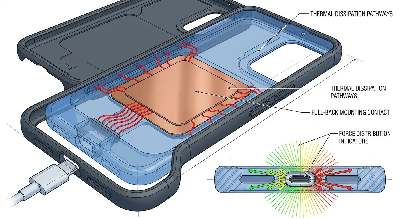 Phone case thermal management design features
