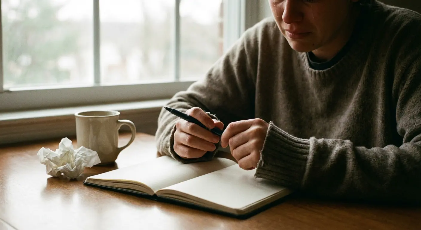 Person writing a eulogy for grandfather while looking at old photos