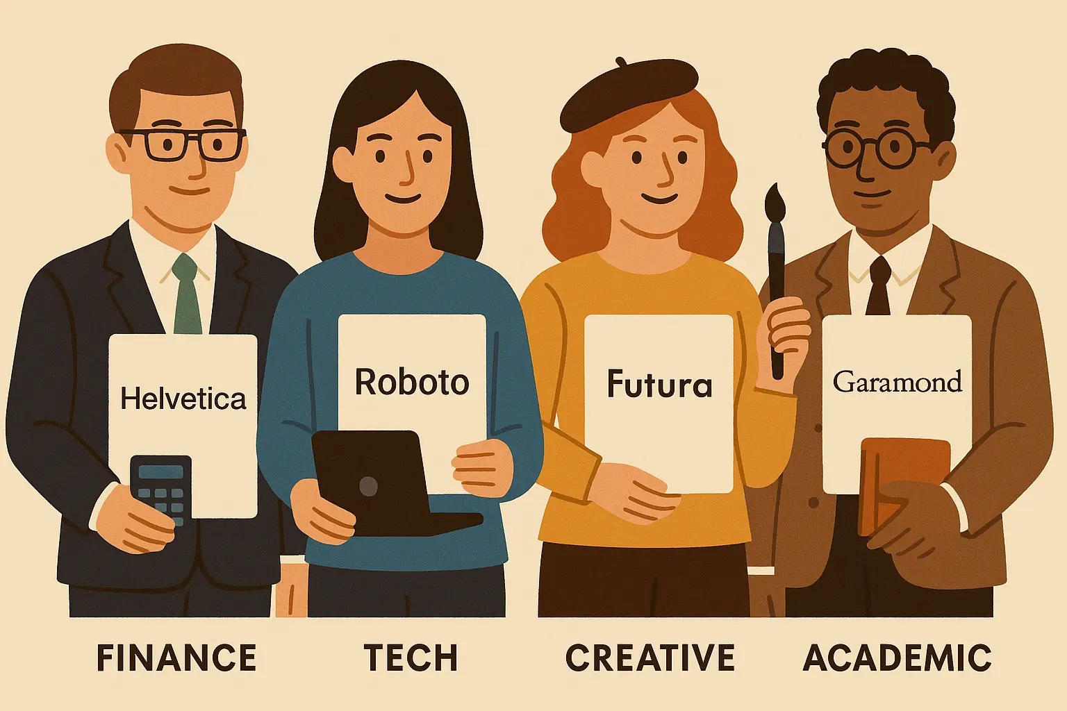 Industry-specific font examples showing academic and creative choices