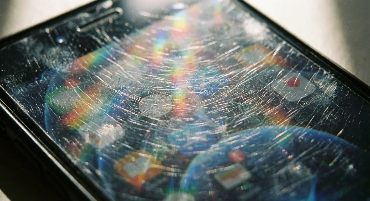 Scratched screen protector showing wear patterns
