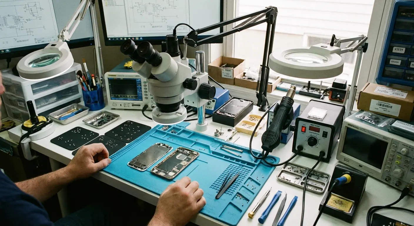 Phone repair shop technician working