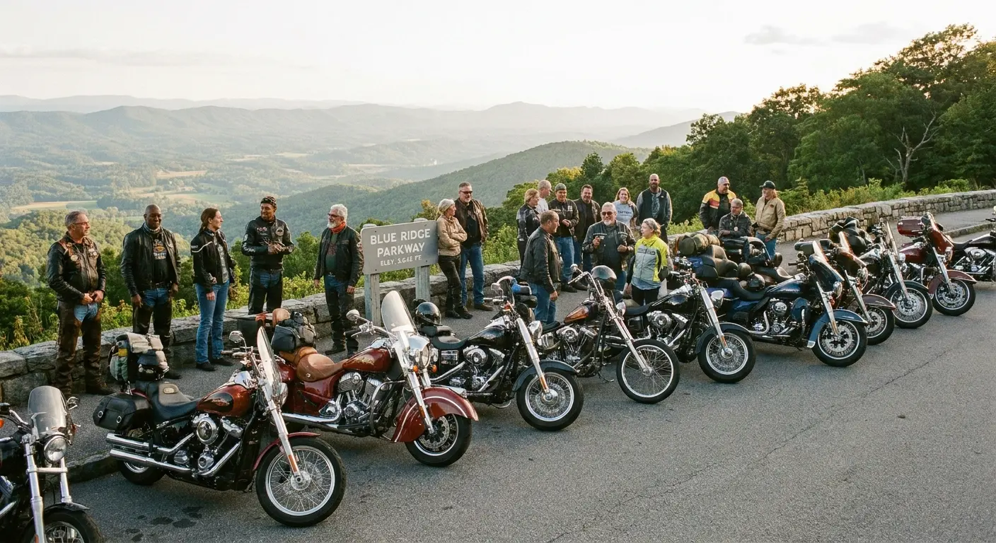 Cruiser motorcycles parked at scenic overlook