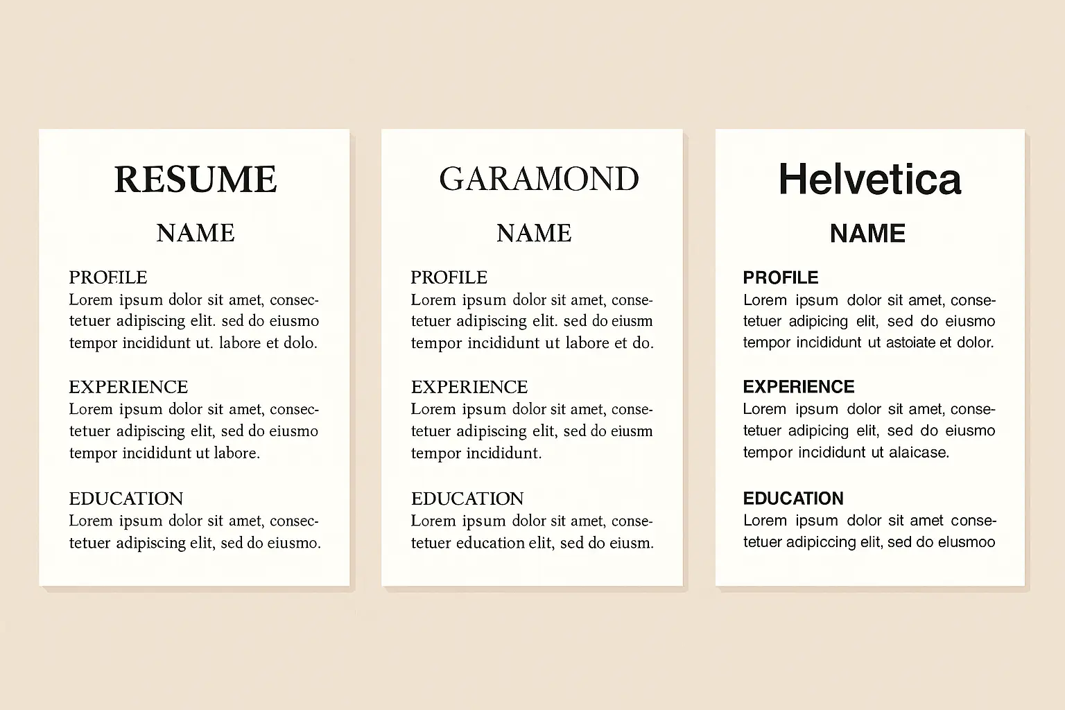 Classic professional fonts comparison showing Times New Roman, Arial, and Calibri