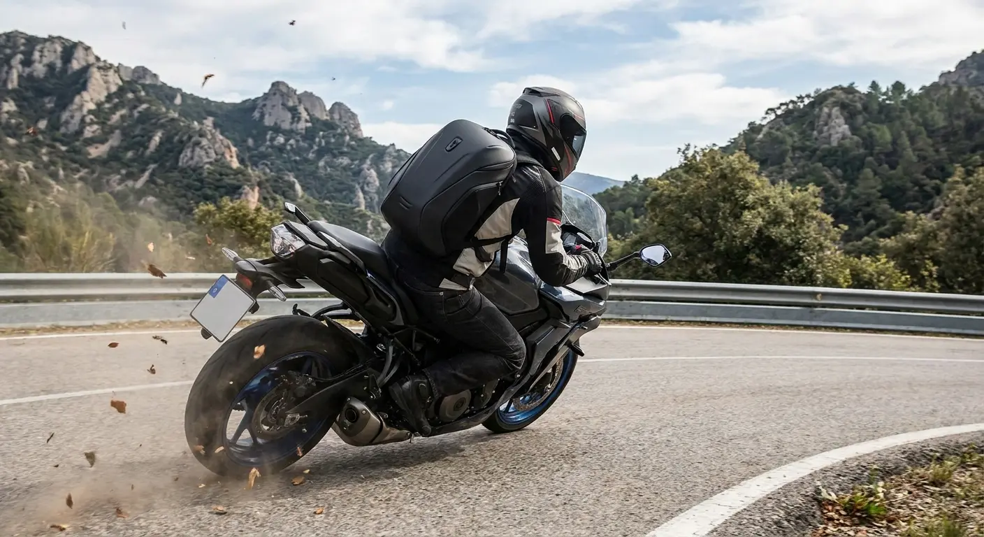 Motorcycle rider wearing backpack on highway