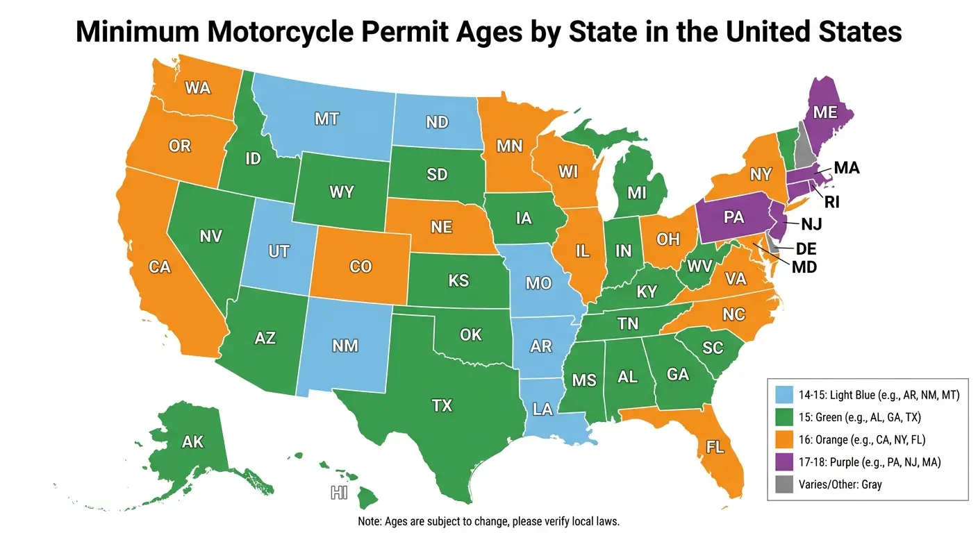 Motorcycle permit age requirements by state map